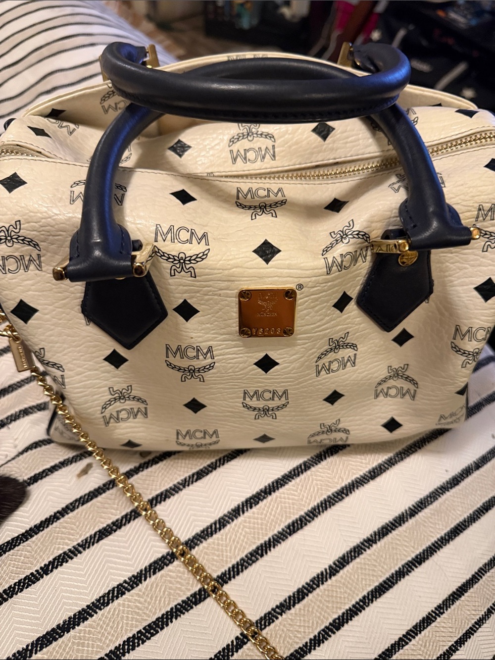 MCM Cream Visetos Satchel with Black Handles and Gold Hardware - Picture 2 of 7